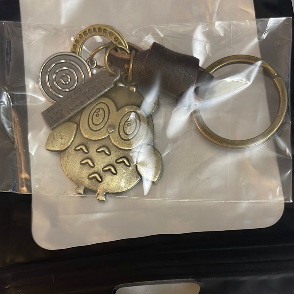 Gold Owl Keychain with Brown Leather Accent